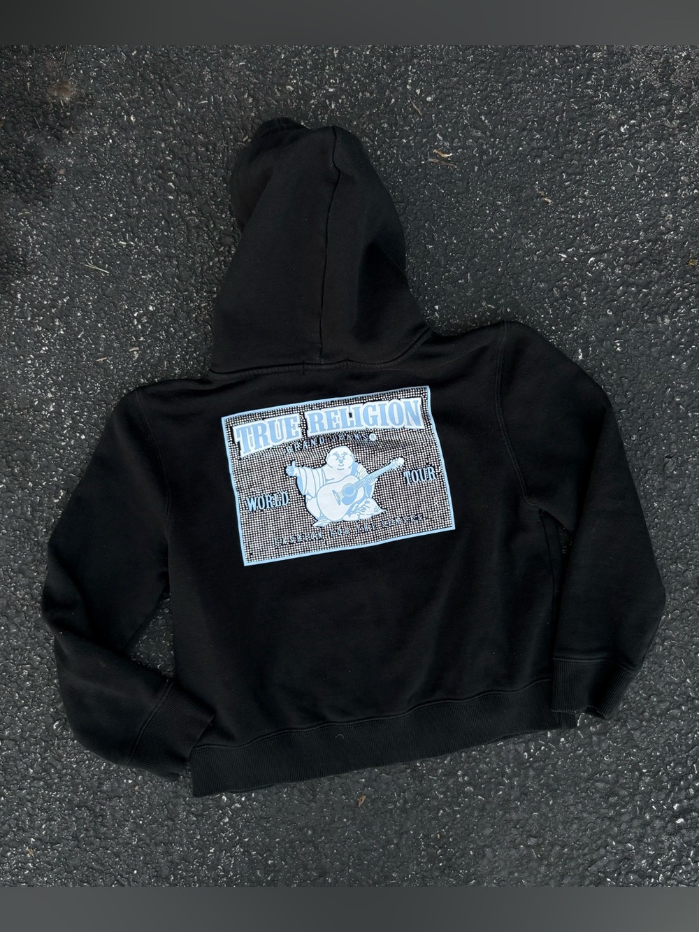 True Religion Full Zip Hoodie Black Rhinestone Buddha Graphic Girls Youth XL USA